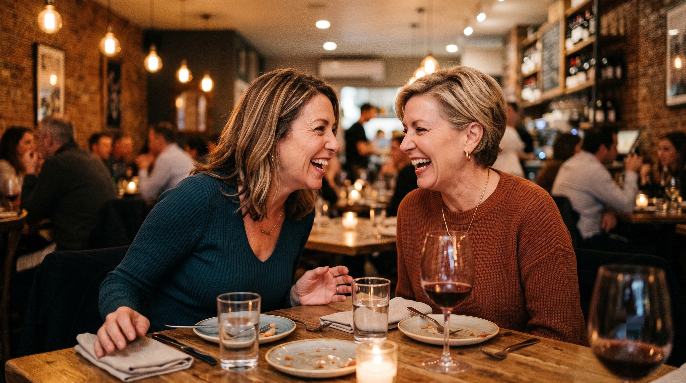 Two friends laughing at a restaurant table